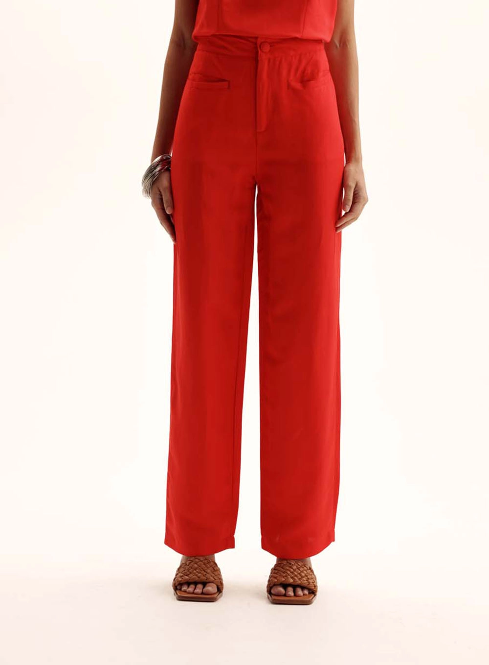 Calça Linho Feminina Cenoura Com Bolsos Vermelho 2