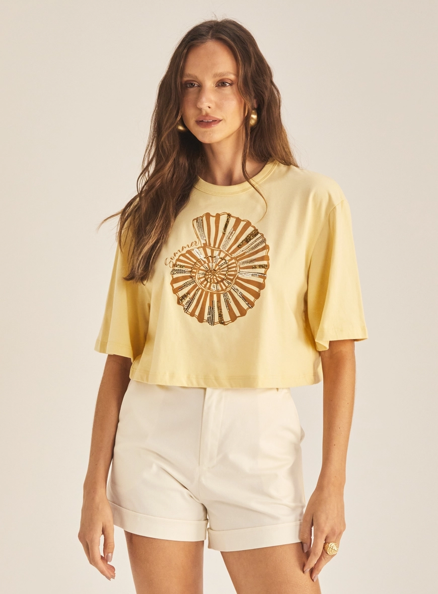 Camiseta Feminina Square Com Bordado Manual Bege 2