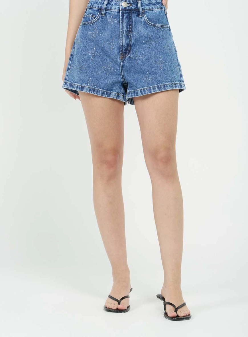 Short Jeans Feminino Regular Alta Com Aplicação Índigo 2