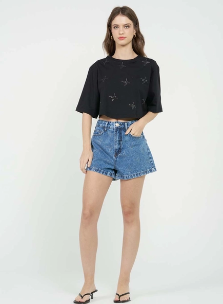 Short Jeans Feminino Regular Alta Com Aplicação