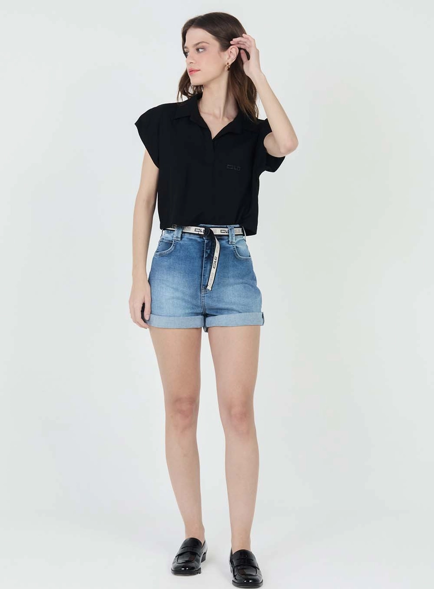 Short Jeans Mom Stretch Com Cinto Índigo 1