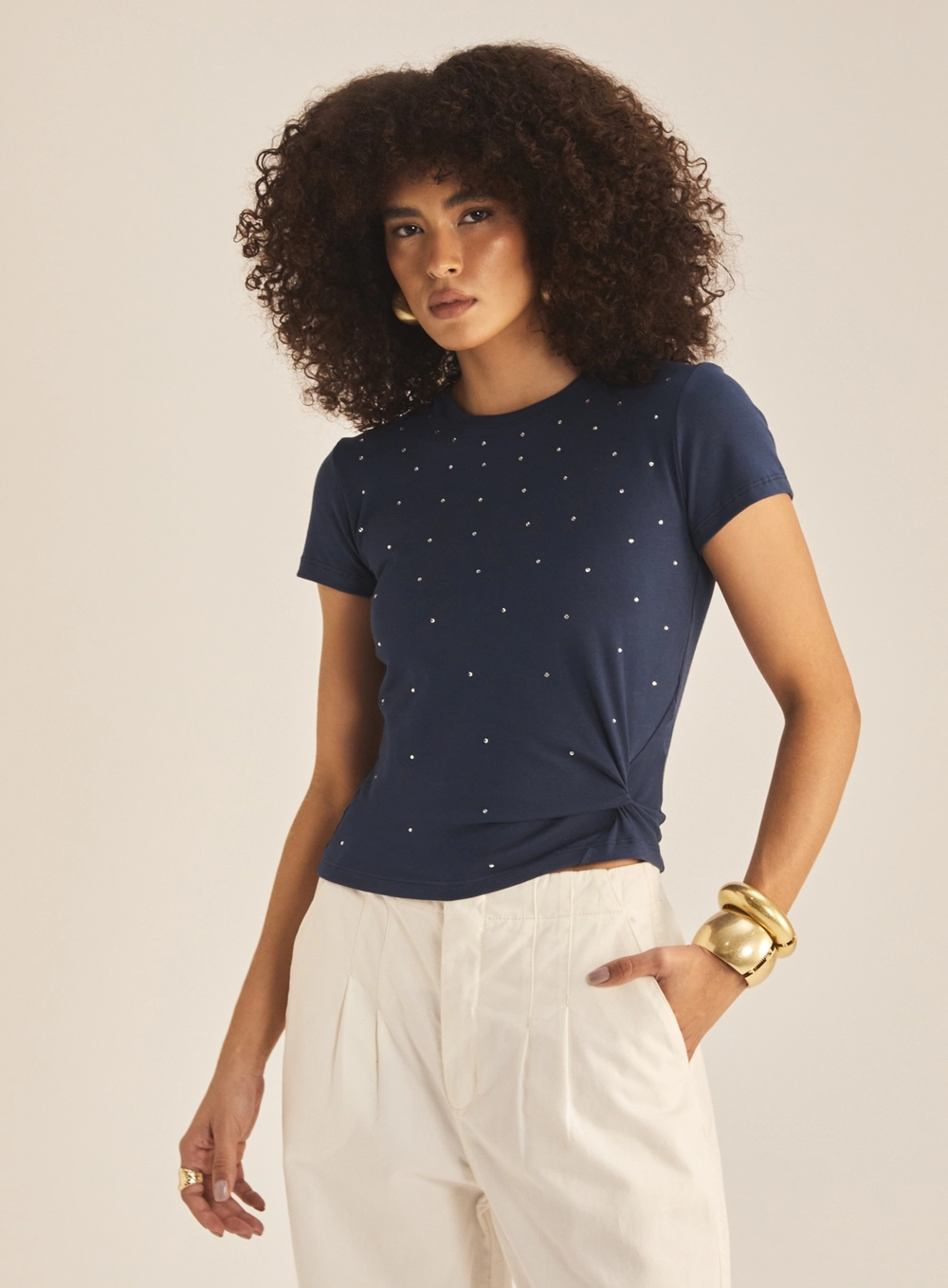 Camiseta Feminina Small Com Aplicação Azul 2