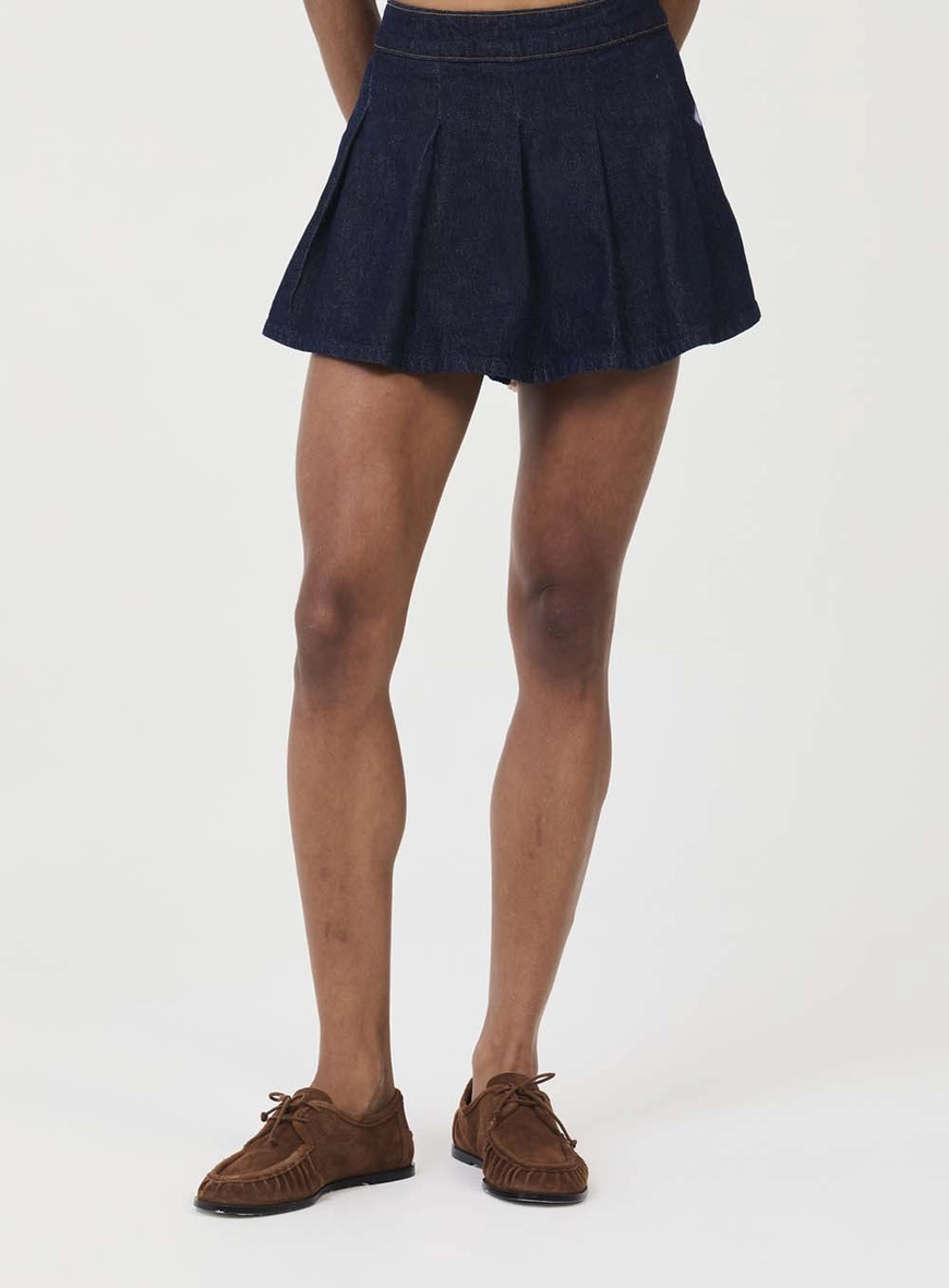 Short Saia Jeans Feminina Com Pregas Índigo 2