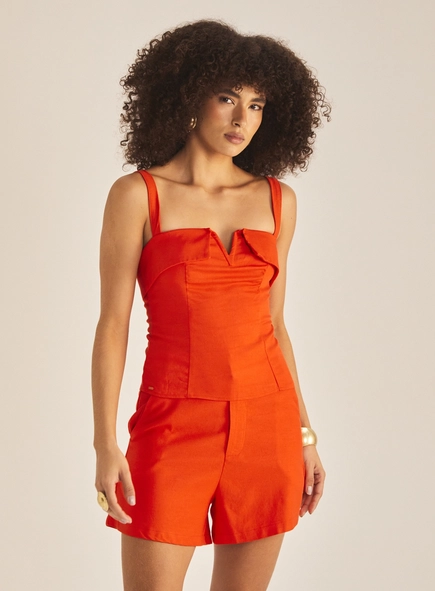 Blusa Feminina Slim Linho Decote Com Dobra