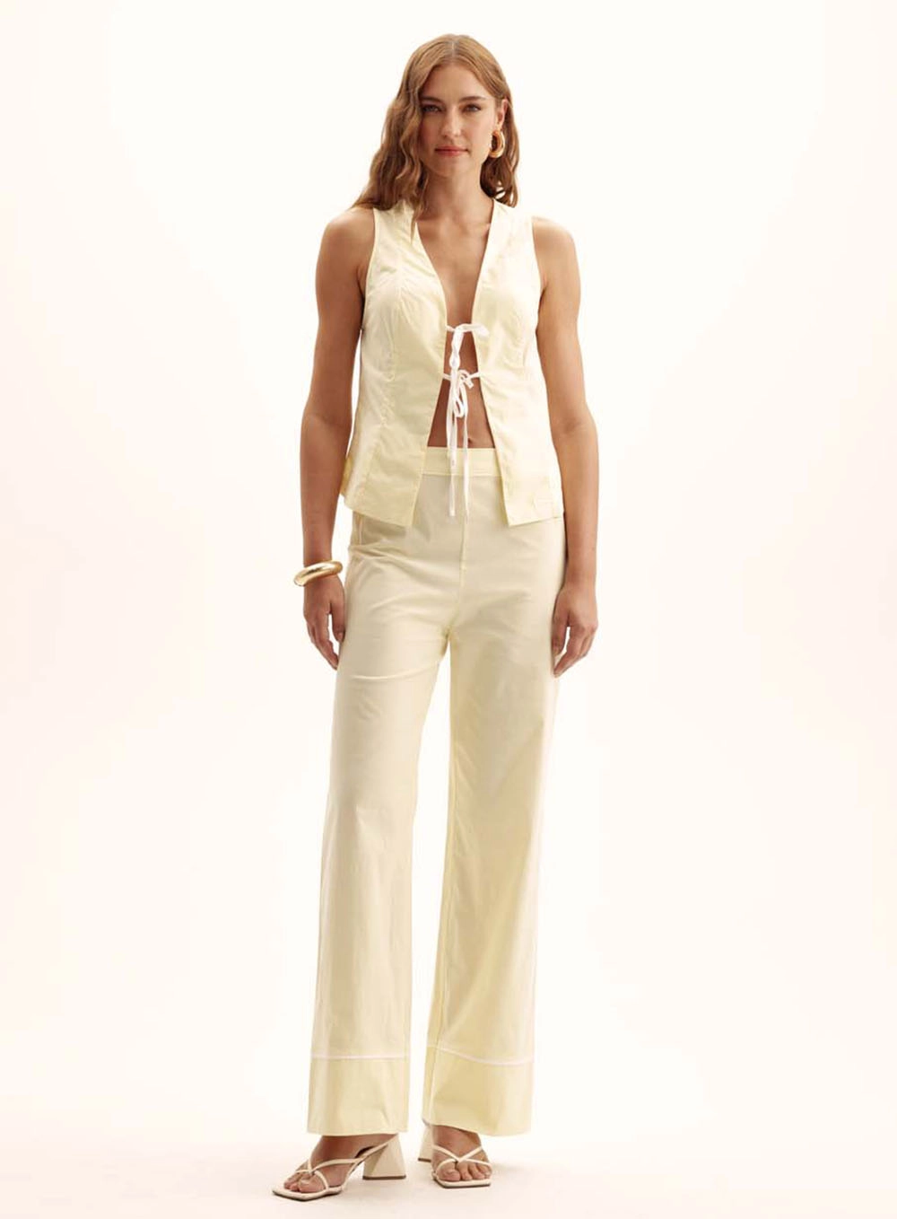 Calça Feminina Comfort Listrada Cós Com Elástico Amarelo 1