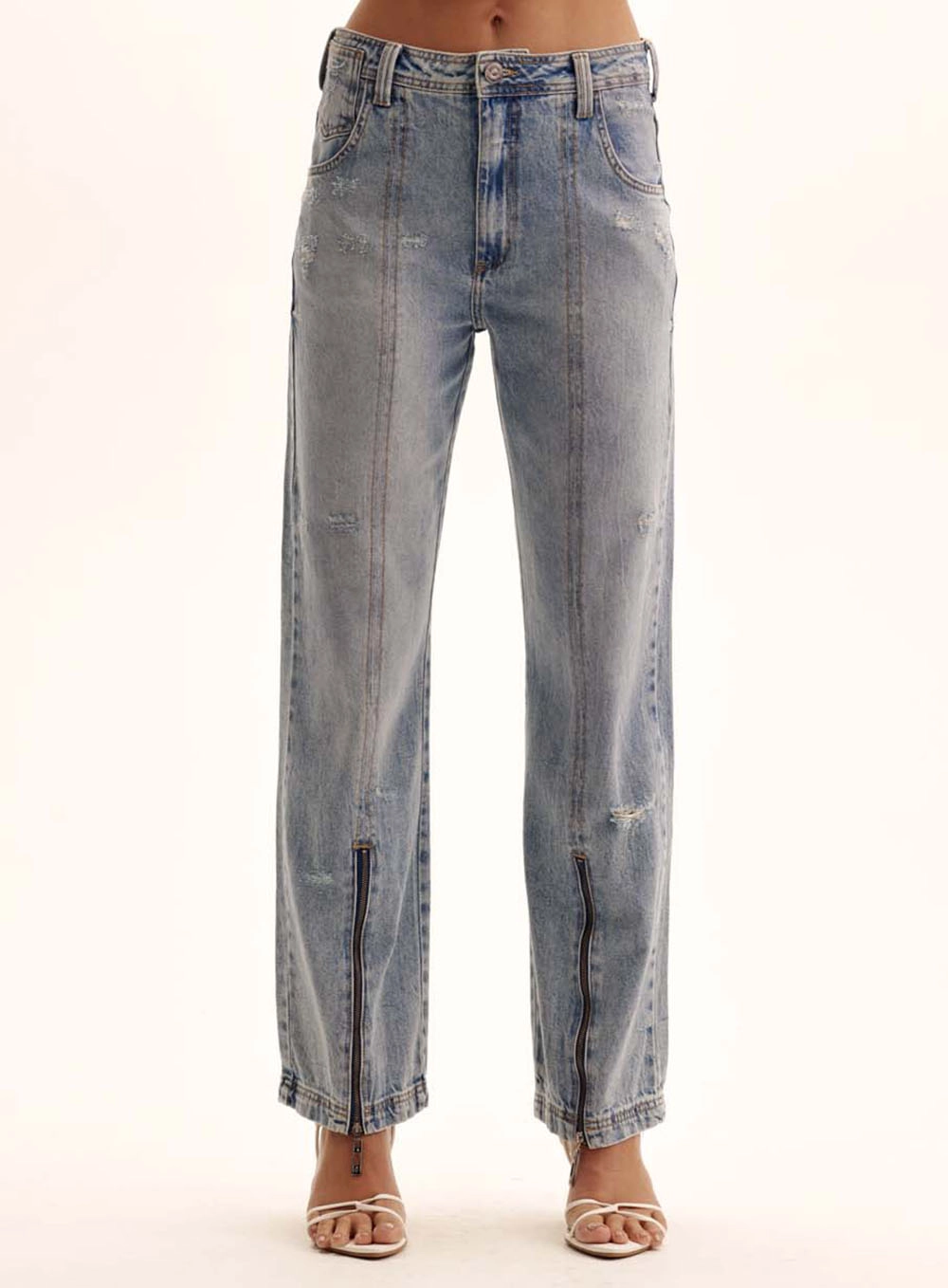 Calça Jeans Feminina Loose Com Puídos E Zíperes Índigo 2