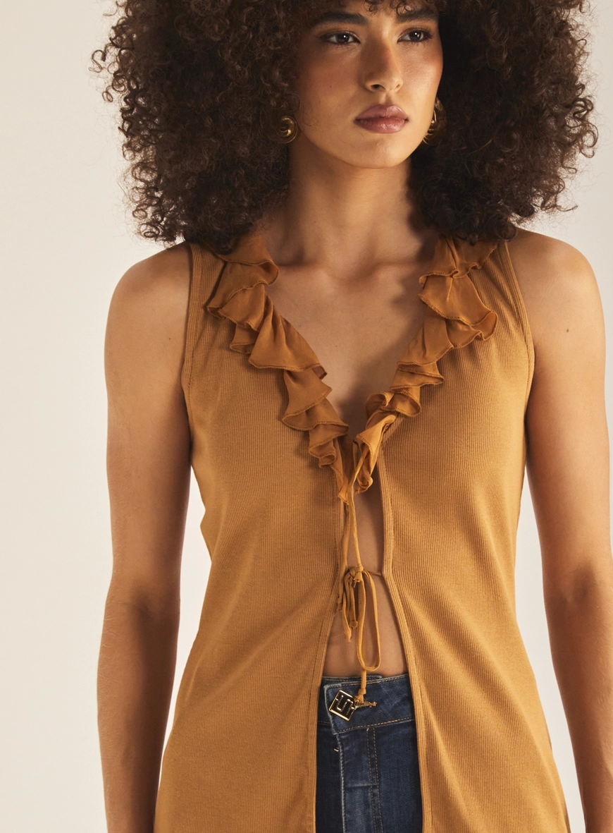 Blusa Feminina Comfort Com Babados E Amarração Marrom Evermore 3