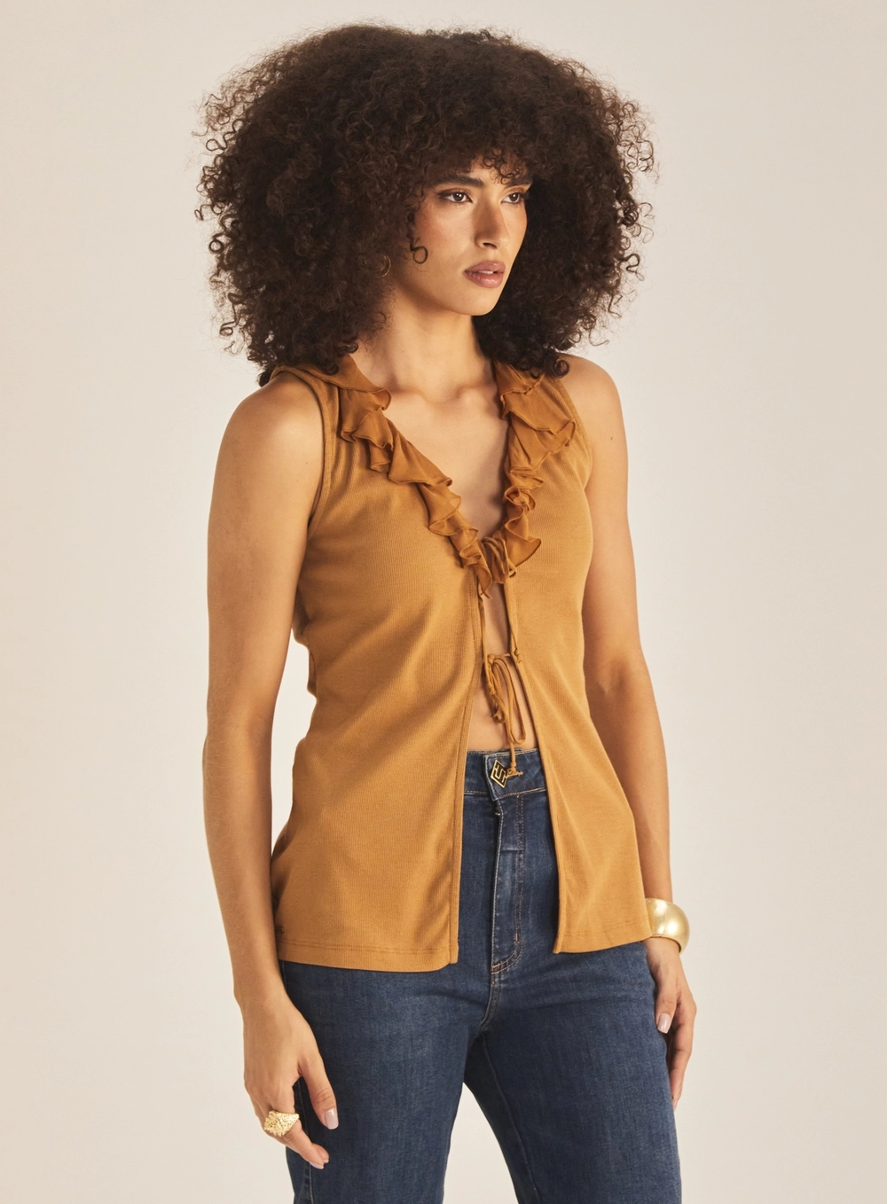 Blusa Feminina Comfort Com Babados E Amarração Marrom Evermore 2