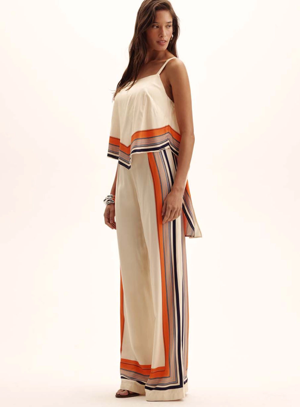 Calça Feminina Reta Scarf Stripe Bege 1