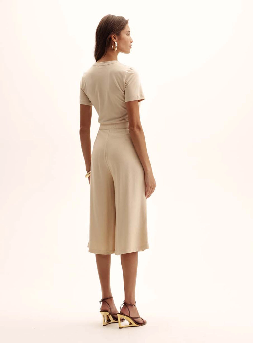 Calça Feminina Pantacourt Cós Alto Bege 4