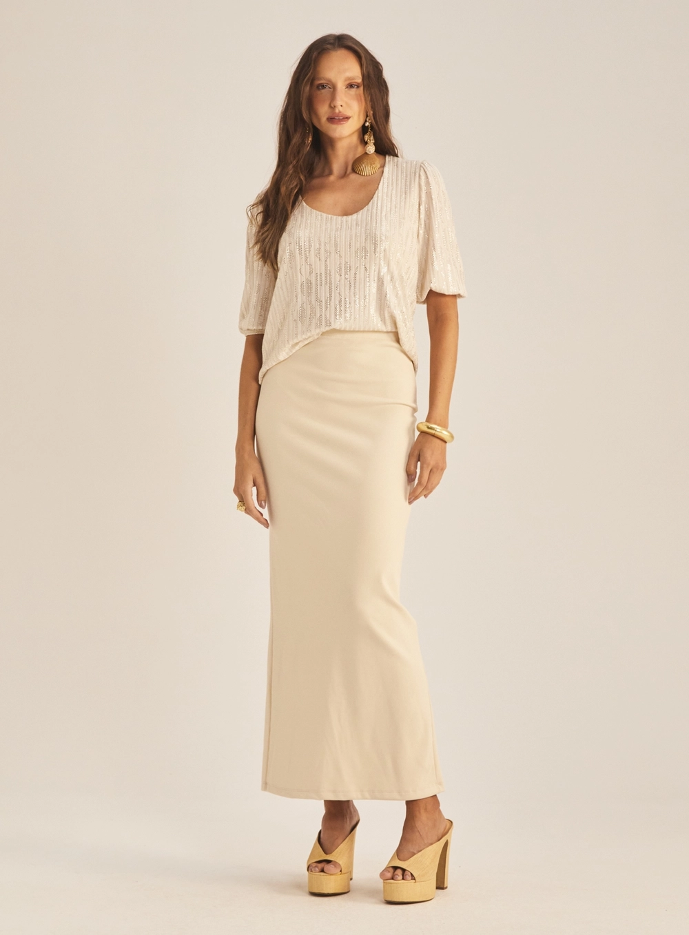 Blusa Feminina Godê Com Brilho Bege 1