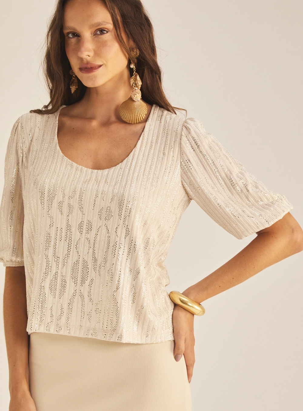 Blusa Feminina Godê Com Brilho Bege 3