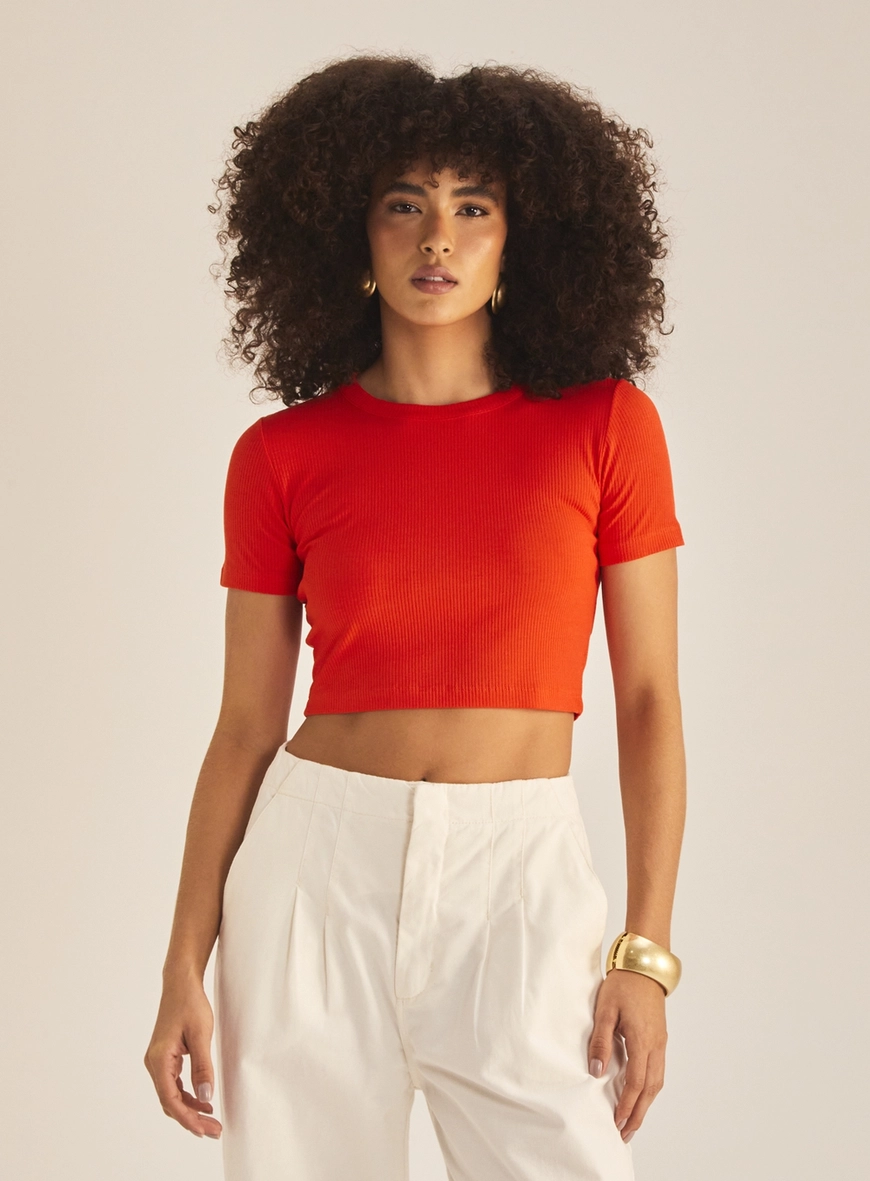 Blusa Feminina Slim Manga Curta Canelada Vermelho 2