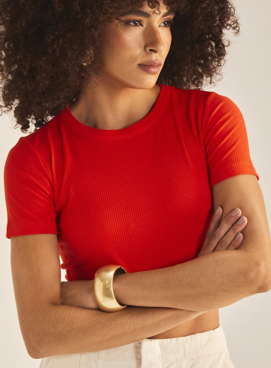 Blusa Feminina Slim Manga Curta Canelada Vermelho 3