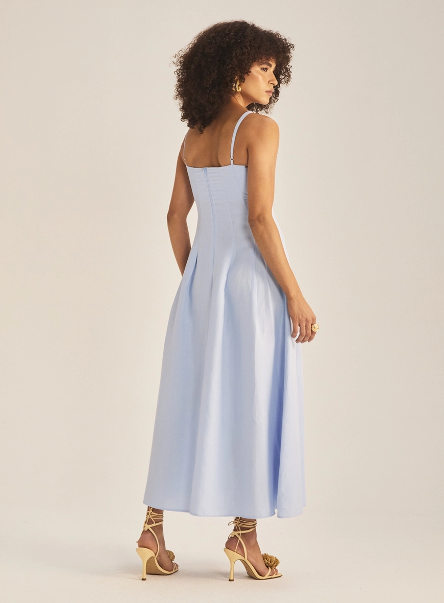 Vestido Midi Linho Com Pregas Azul Tranquile Blue 4