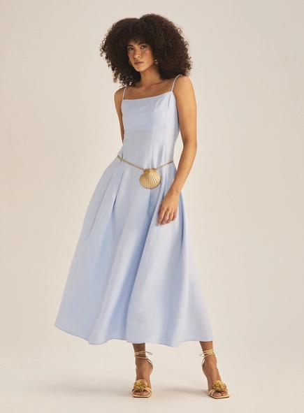 Vestido Midi Linho Com Pregas