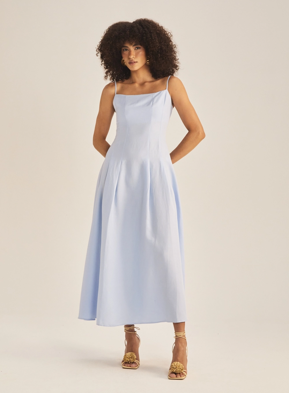 Vestido Midi Linho Com Pregas Azul Tranquile Blue 2