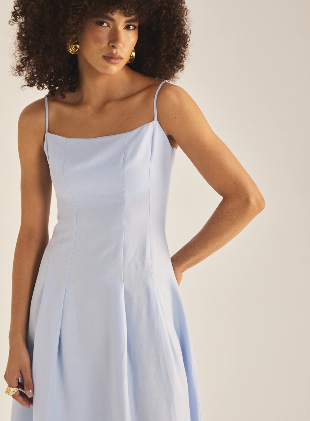 Vestido Midi Linho Com Pregas Azul Tranquile Blue 3