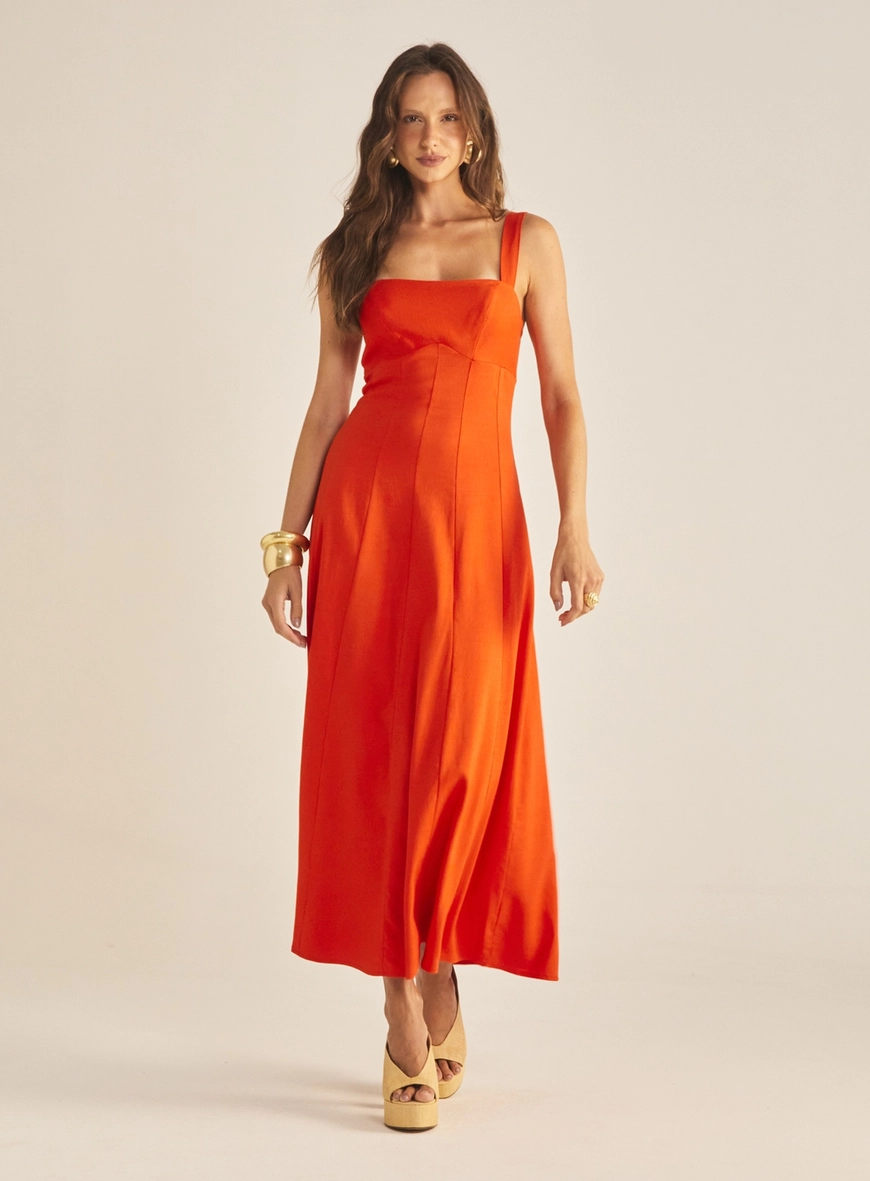 Vestido Slim Linho Fechamento Em Ziper Vermelho 1