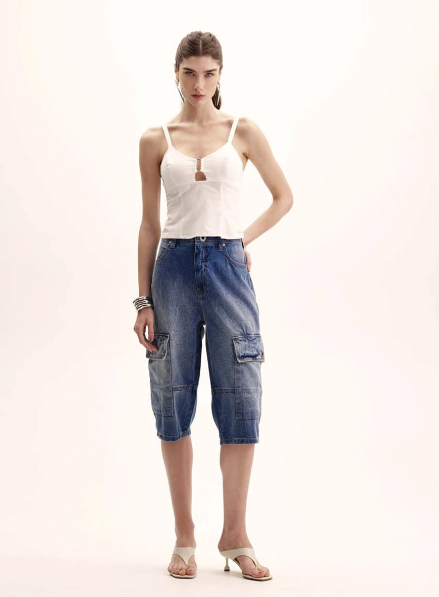 Bermuda Jeans Feminina Bolso Cargo Índigo 1