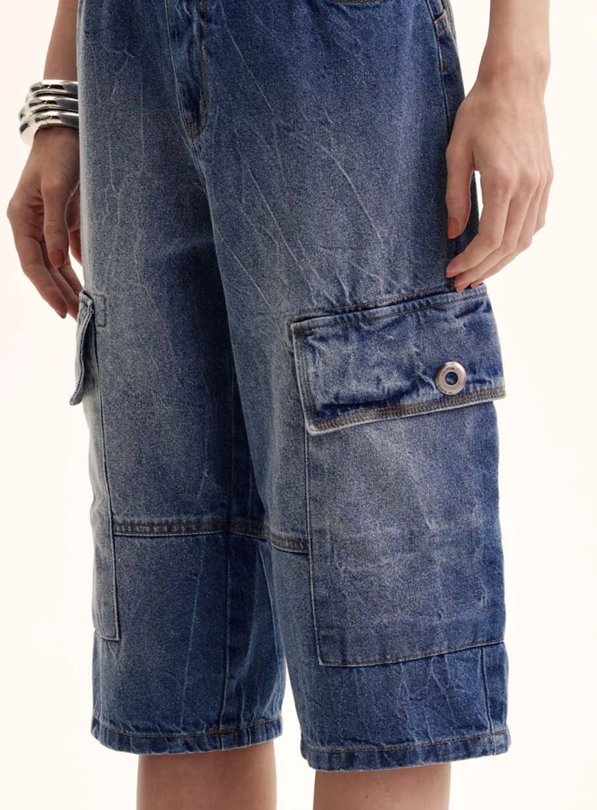 Bermuda Jeans Feminina Bolso Cargo Índigo 3