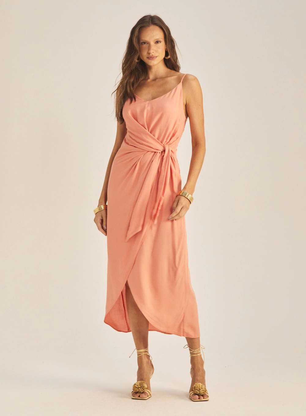 Vestido Comfort Com Sobreposição E Amarração Laranja 2