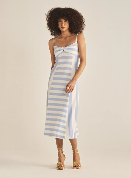 Vestido Slim Decote Com Torção Listrado