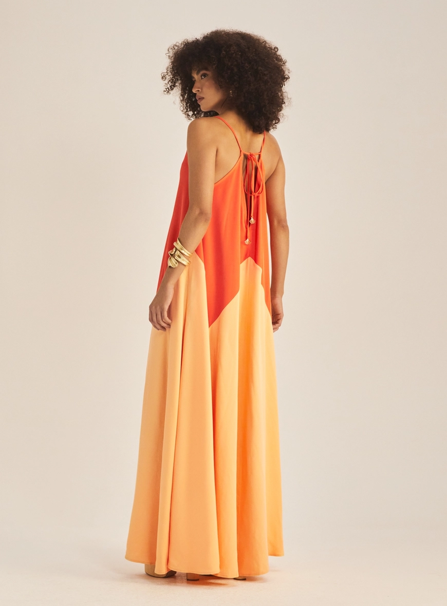 Vestido Longo Godê Com Amarração Laranja 4