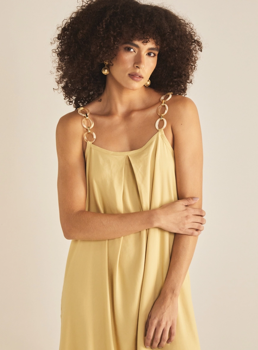 Vestido Evasê Linho Alça Com Detalhe Bege 3