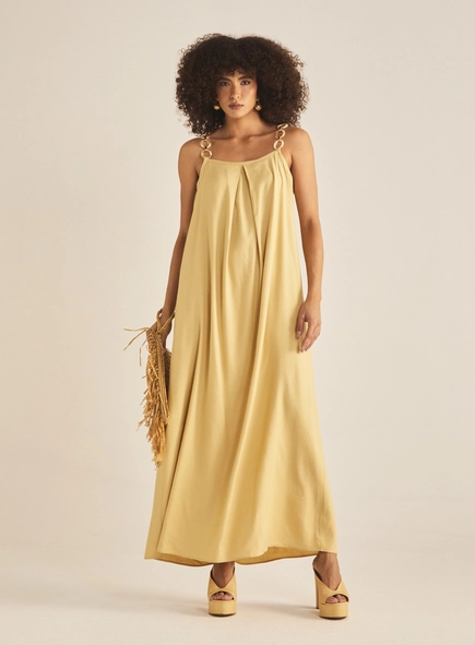 Vestido Evasê Linho Alça Com Detalhe