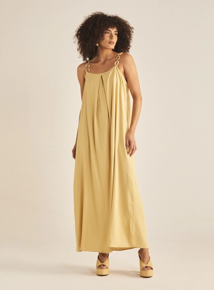 Vestido Evasê Linho Alça Com Detalhe