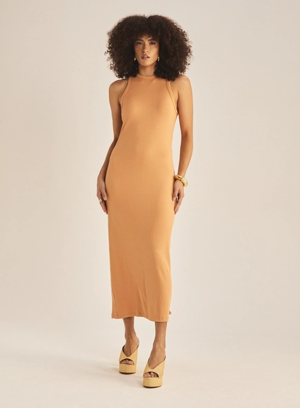 Vestido Slim Com Fenda Canelado