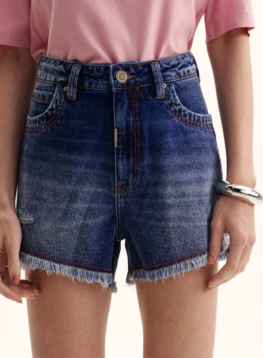 Short Jeans Feminino Com Puídos - Maite Índigo 2