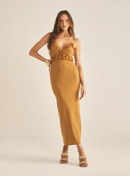 Vestido Slim Longo Com Babado
