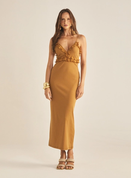 Vestido Slim Longo Com Babado