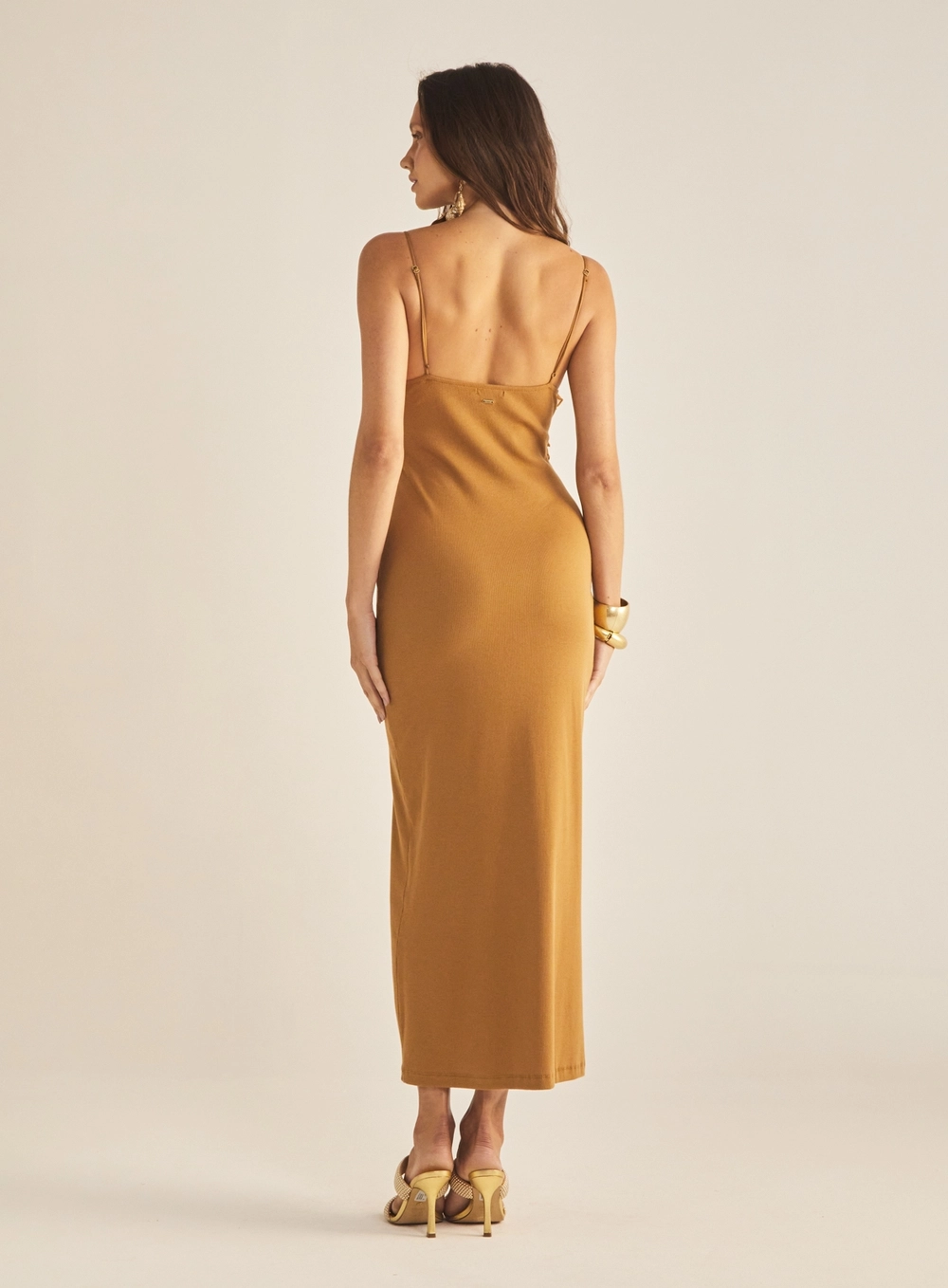 Vestido Slim Longo Com Babado Marrom Evermore 4