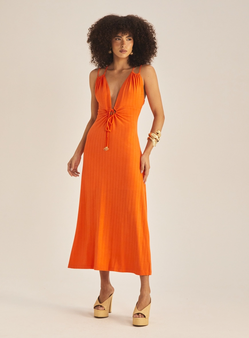 Vestido Evasê Alça Dupla E Decote V Laranja 2