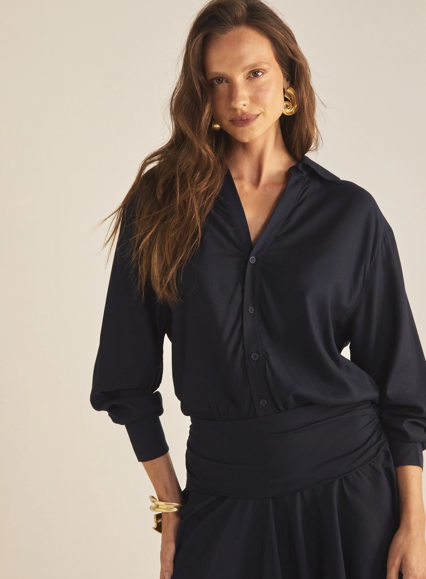 Vestido Blusado Gola Polo Com Manga Longa Azul 3