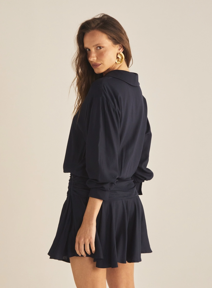 Vestido Blusado Gola Polo Com Manga Longa Azul 4