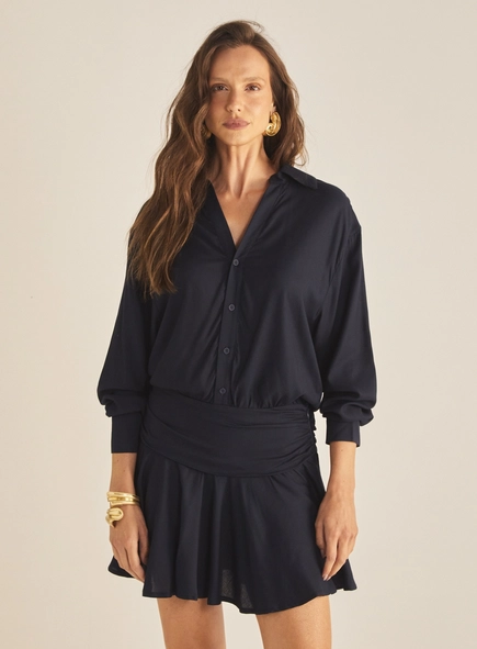 Vestido Blusado Gola Polo Com Manga Longa