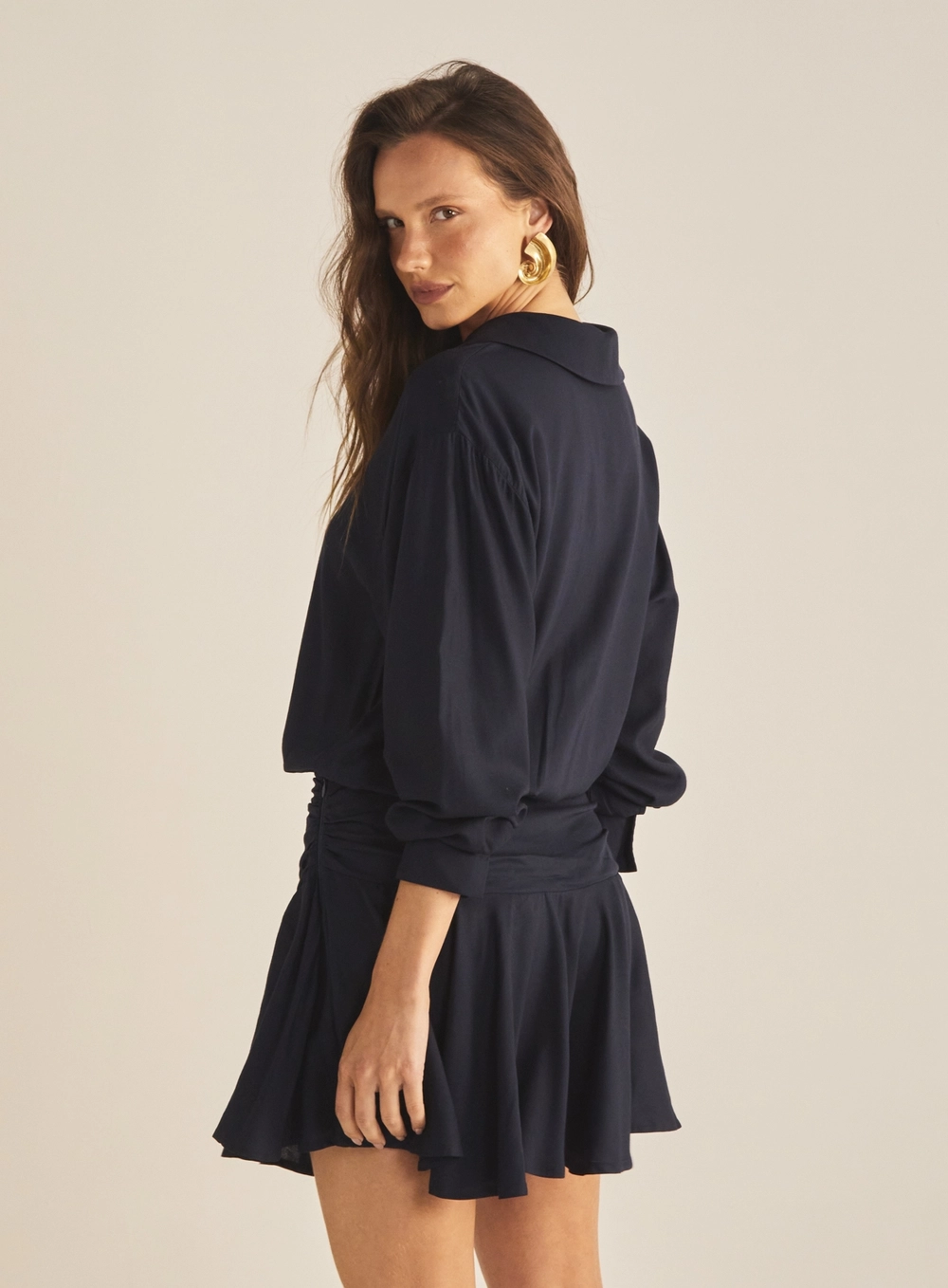Vestido Blusado Gola Polo Com Manga Longa Azul 4