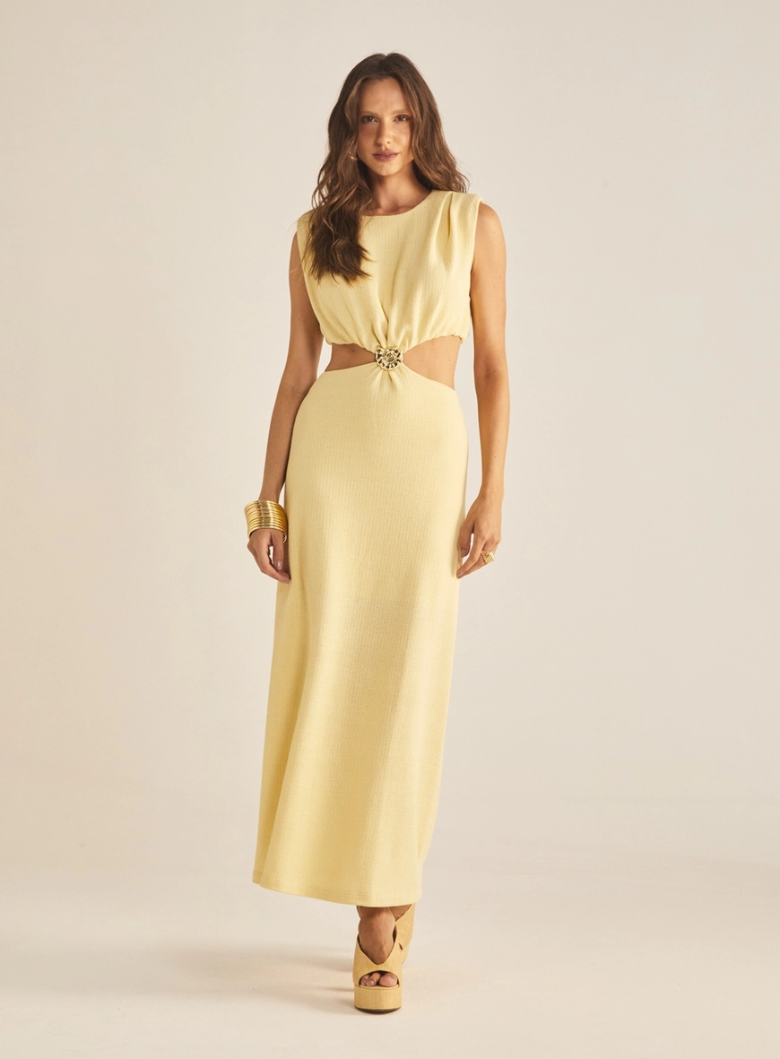 Vestido Comfort Longo Com Recorte Bege 1