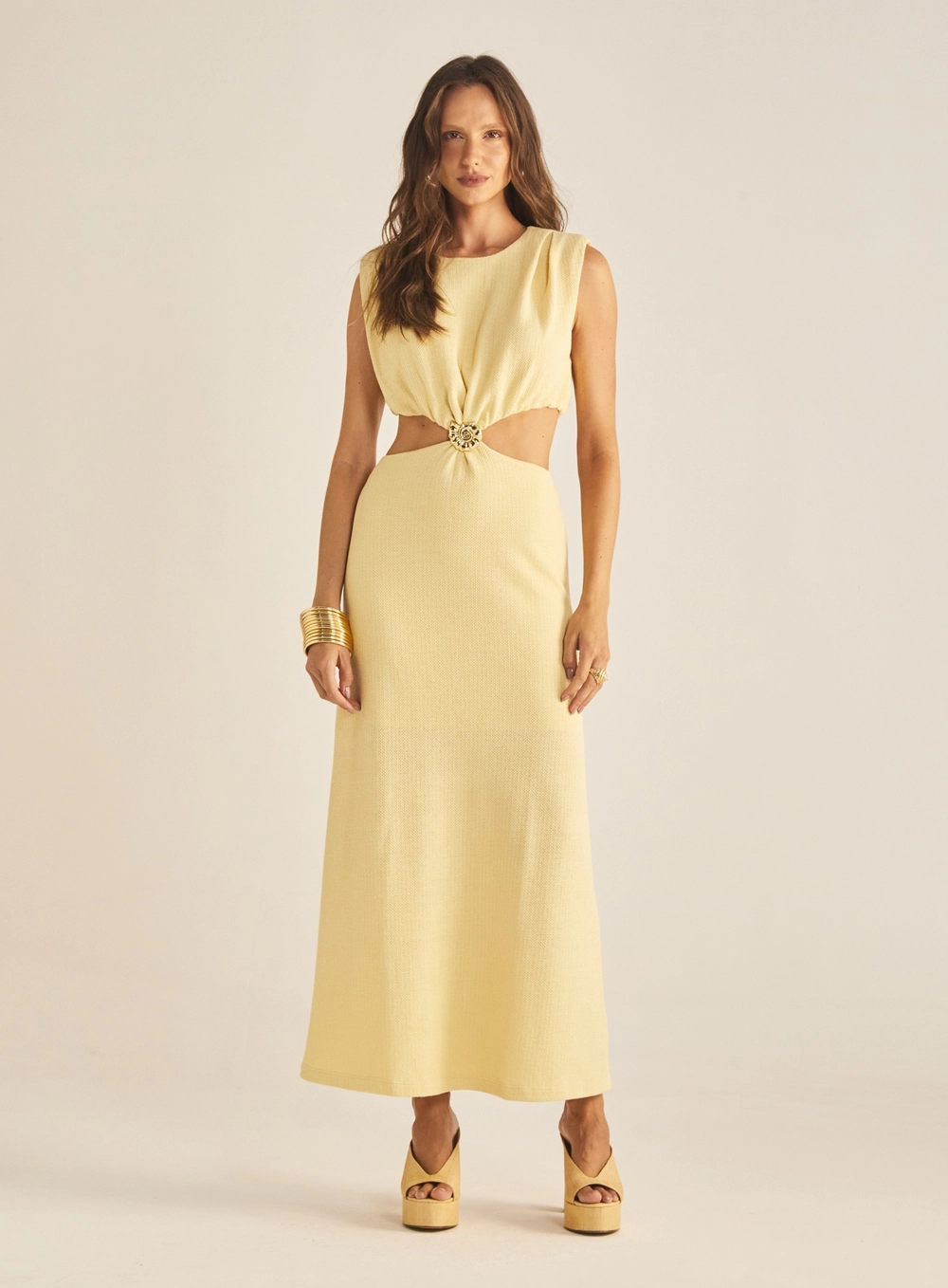 Vestido Comfort Longo Com Recorte Bege 2