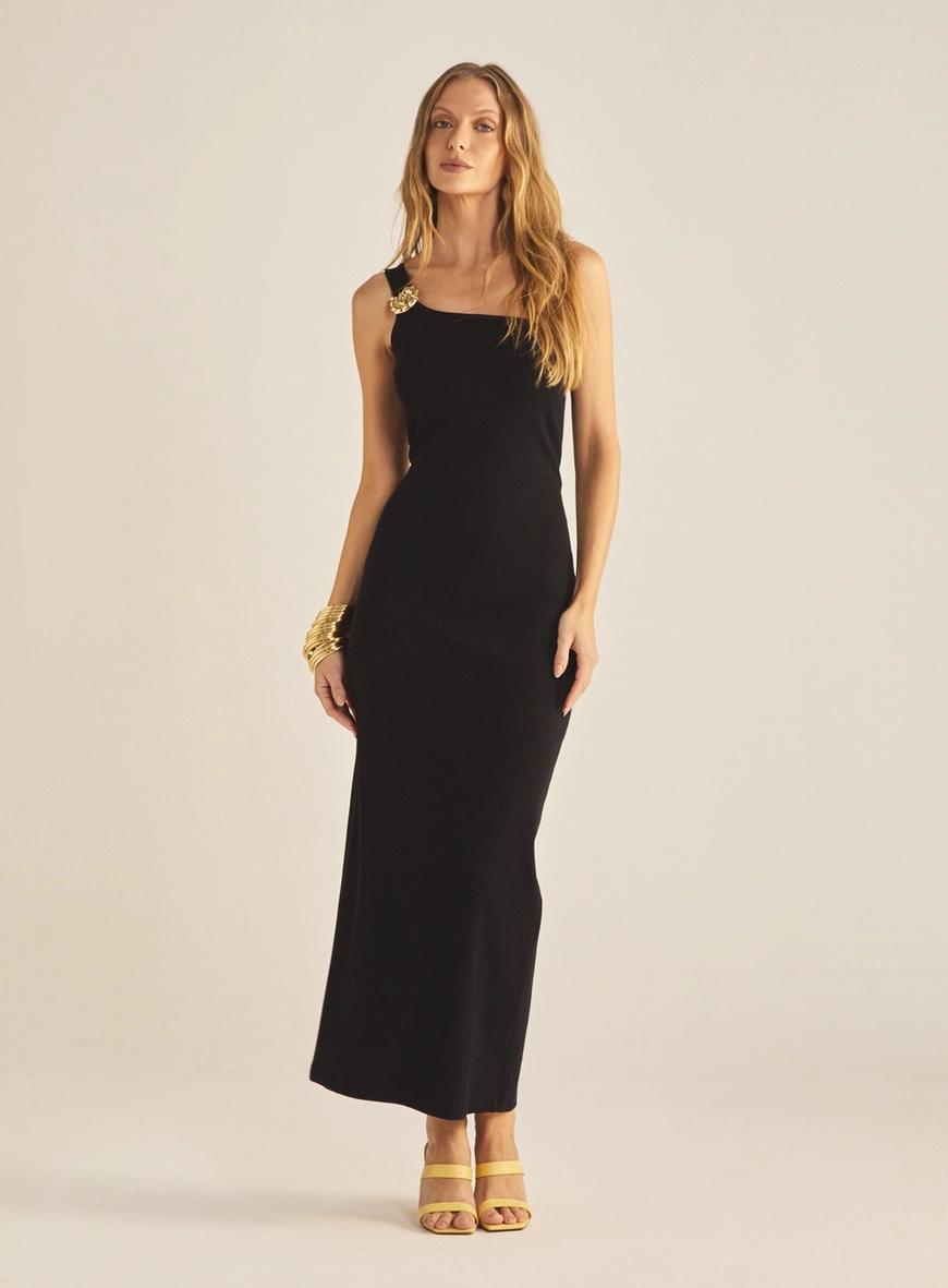 Vestido Slim Ombro Só Com Recorte Preto 2