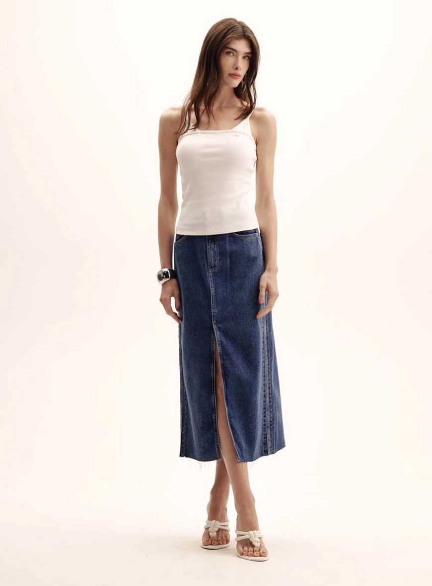 Saia Jeans Stella Barra Desfiada Com Fenda Índigo 1