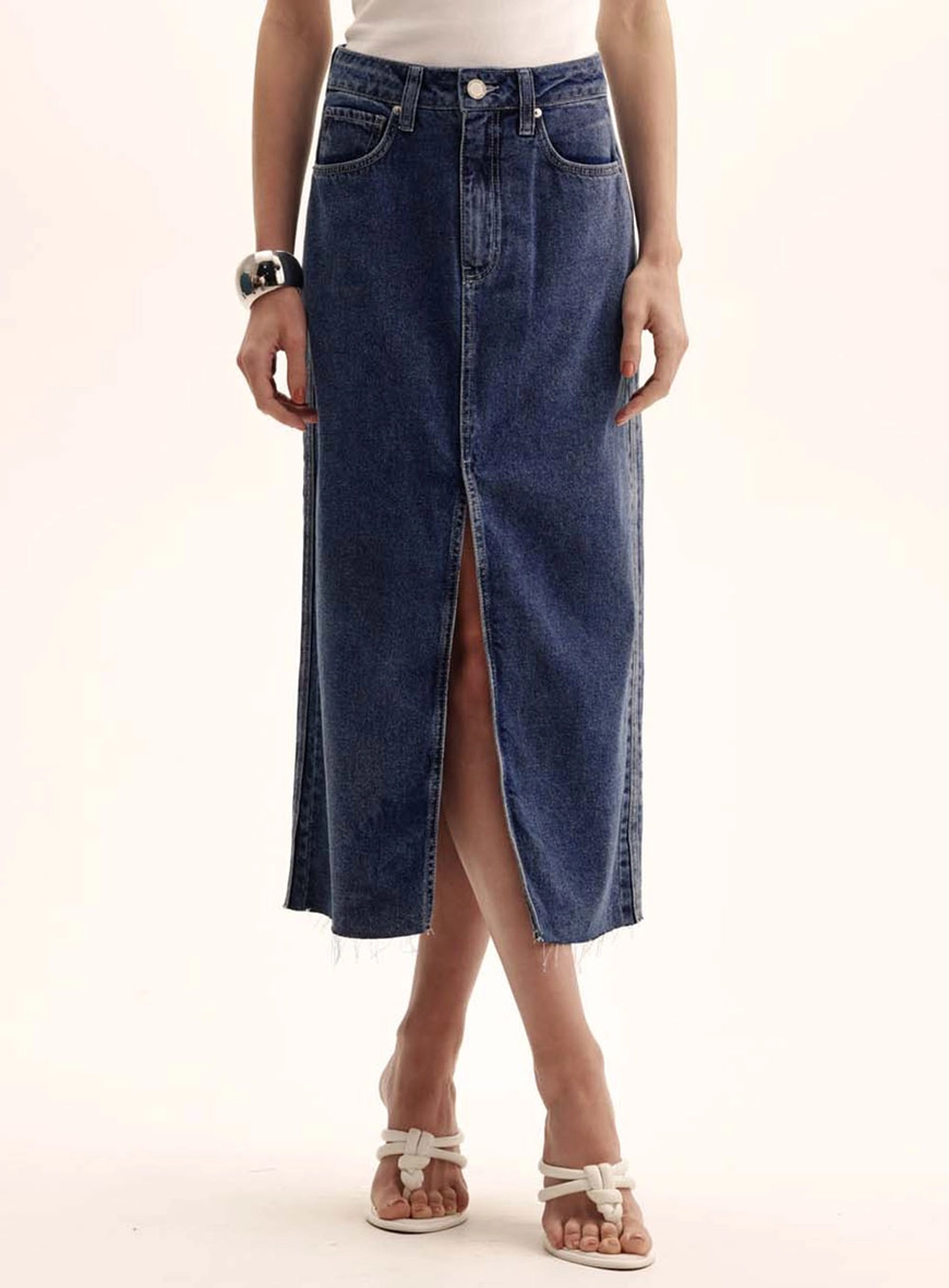 Saia Jeans Stella Barra Desfiada Com Fenda Índigo 2
