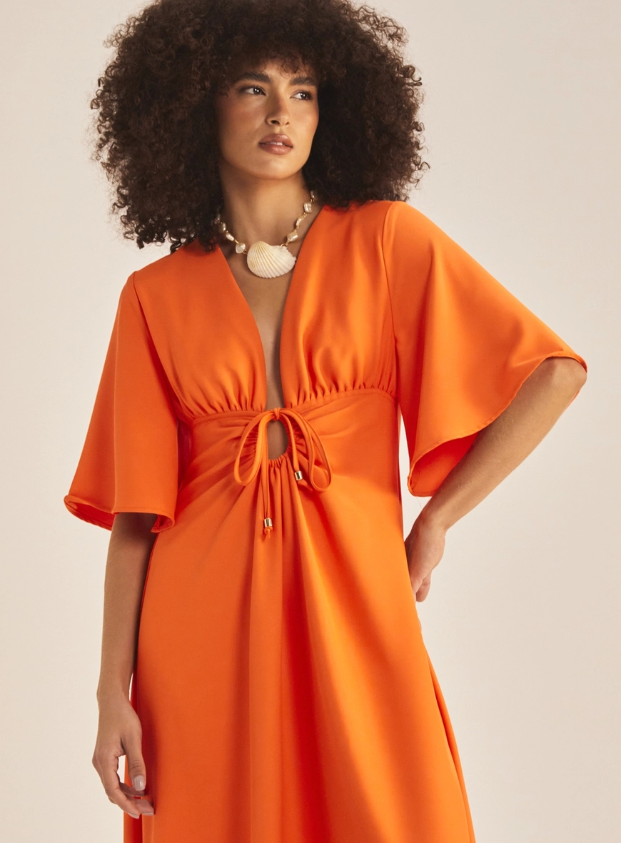 Vestido Solto Longo Acinturado Com Laço Laranja 3