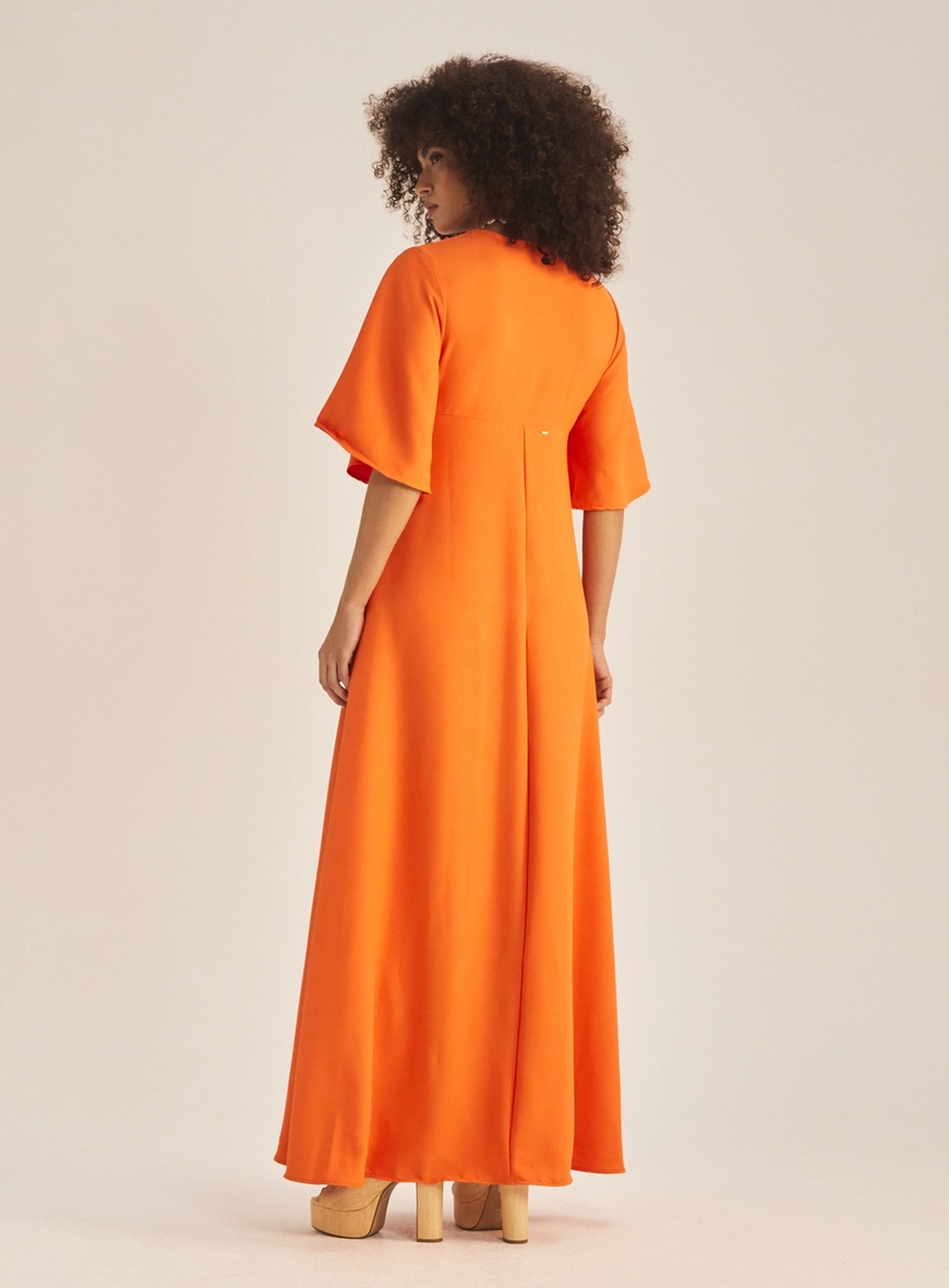 Vestido Solto Longo Acinturado Com Laço Laranja 4
