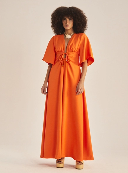 Vestido Solto Longo Acinturado Com Laço