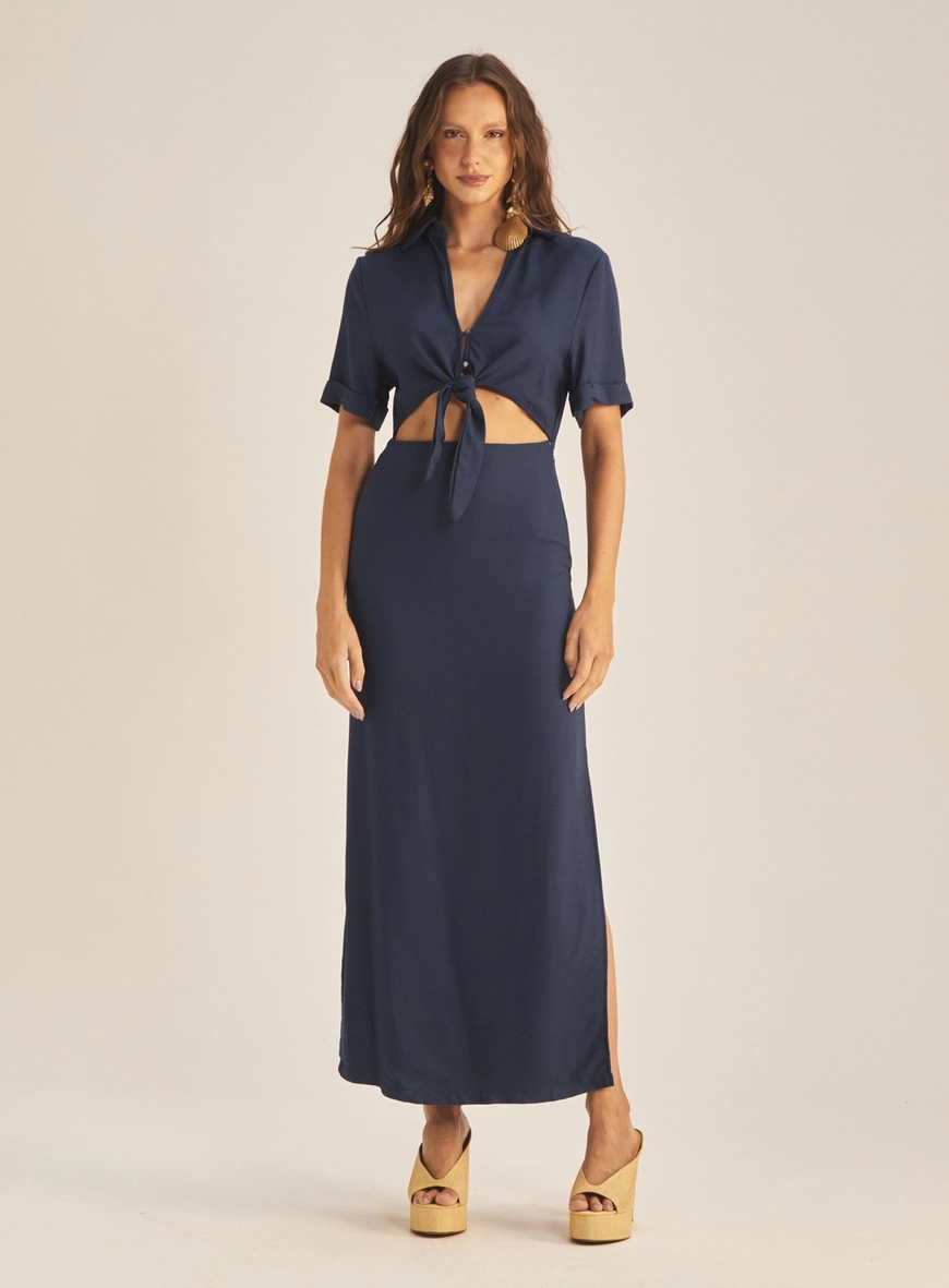 Vestido Comfort Longo Fechamento Em Ziper Azul 2